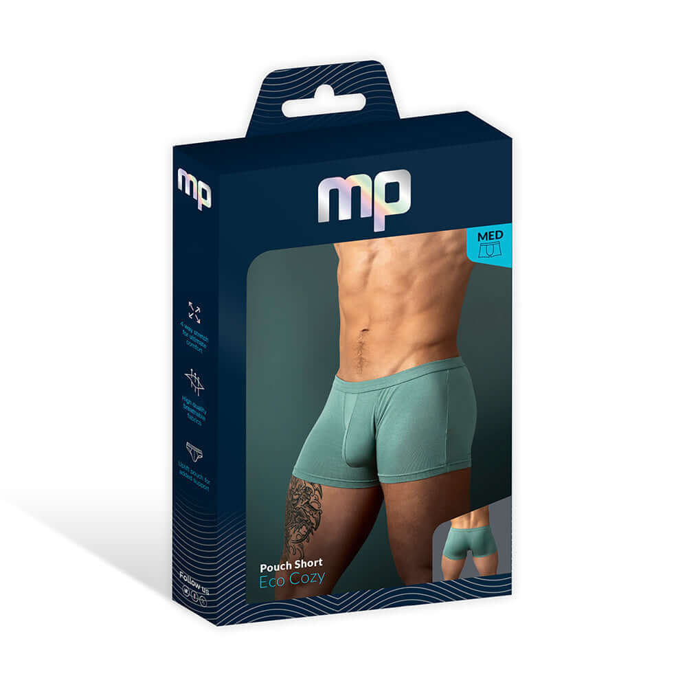 Male Power Eco Cozy Pouch Short Green S packaging showcasing modern boxer brief design.