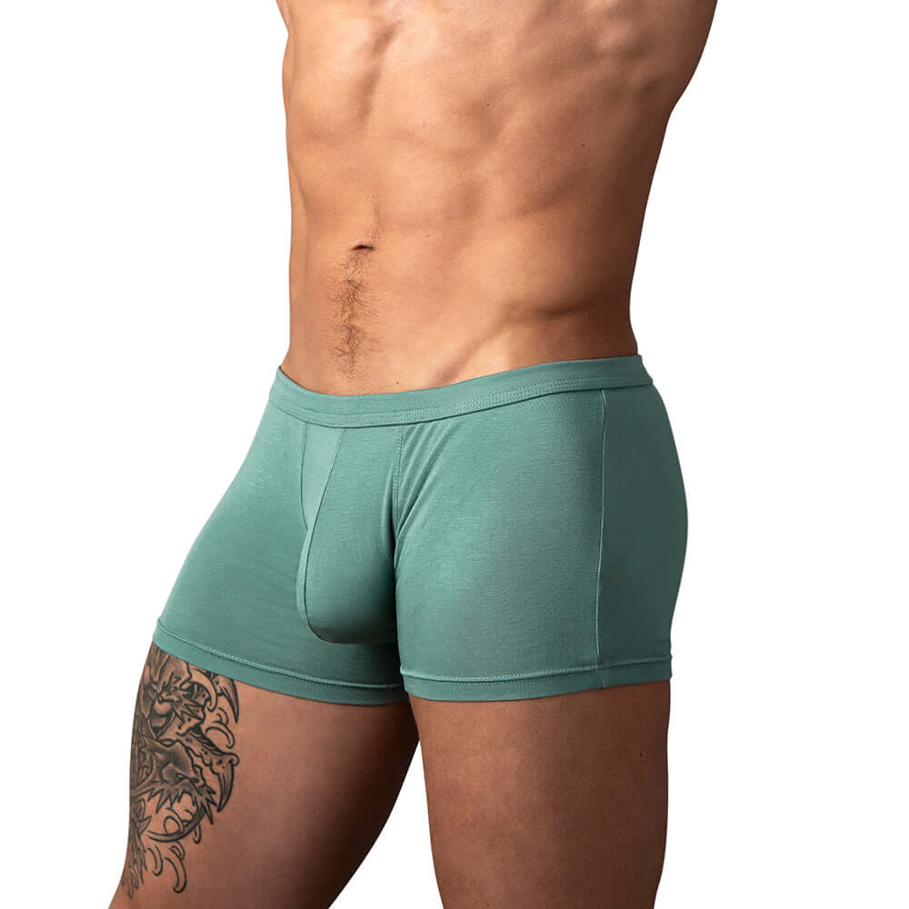 Male Power Eco Cozy Pouch Short Green S featuring a body-hugging fit and contour-enhancing front pouch.