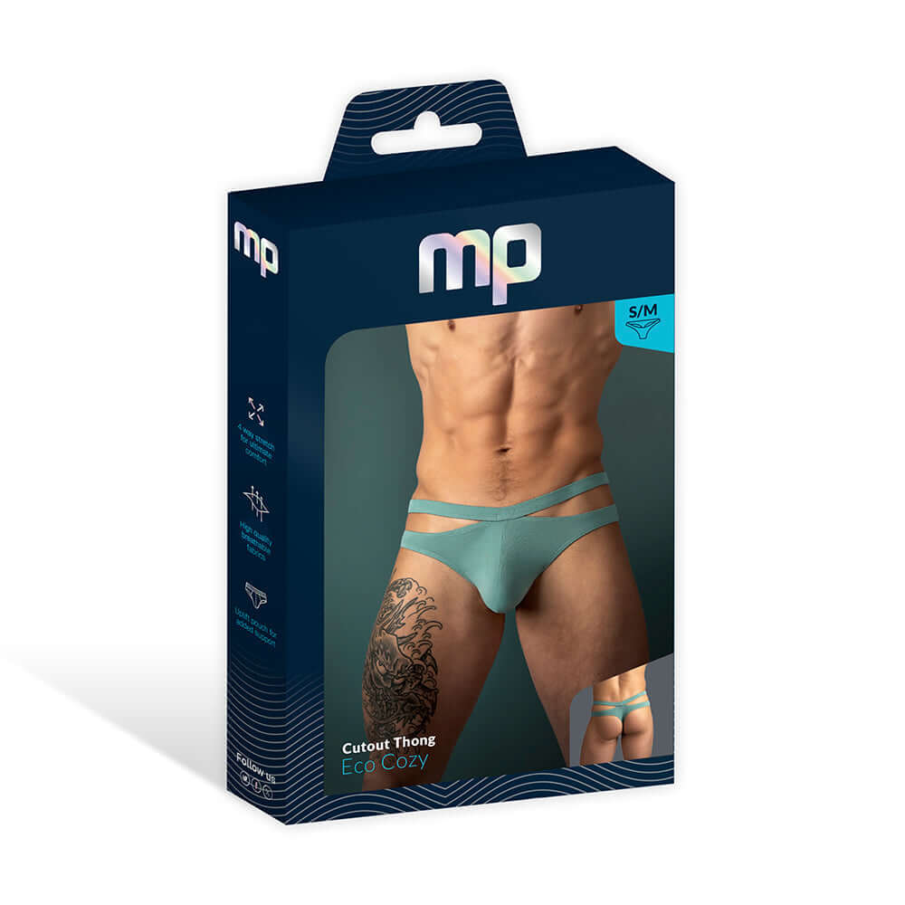 Male Power Eco Cozy Cutout Thong Green L XL packaging image showcasing modern design and eco-friendly materials.