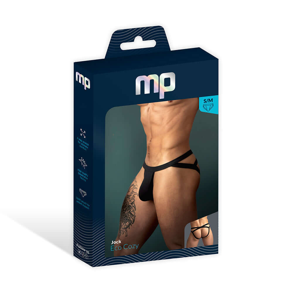 Male Power Eco Cozy Jock Black L XL packaging showcasing modern jockstrap design, eco-friendly fabric, and athletic support.