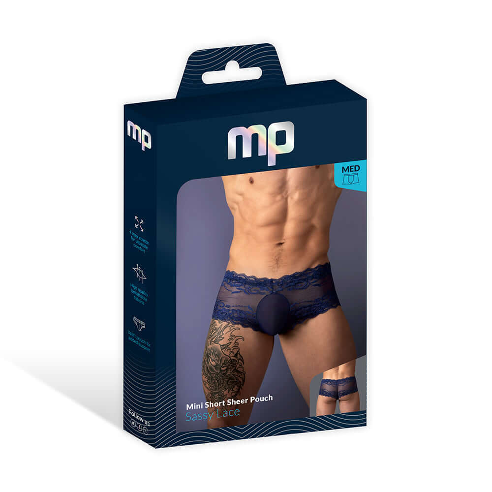 Male Power Sassy Lace Mini Short Sheer Pouch Navy M packaging featuring modern design and sheer pouch.