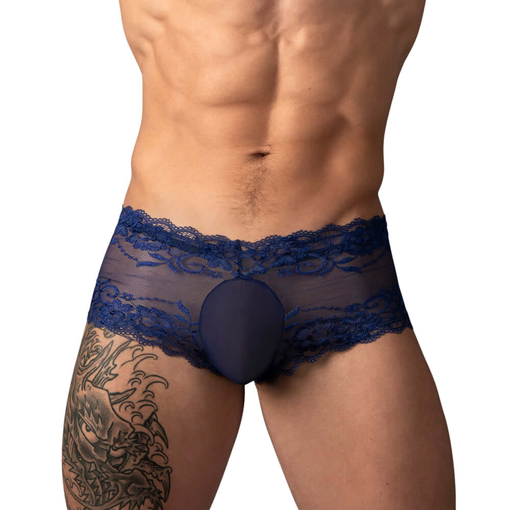 Male Power Sassy Lace Mini Short Sheer Pouch Navy M featuring a model showcasing the design and lace details.
