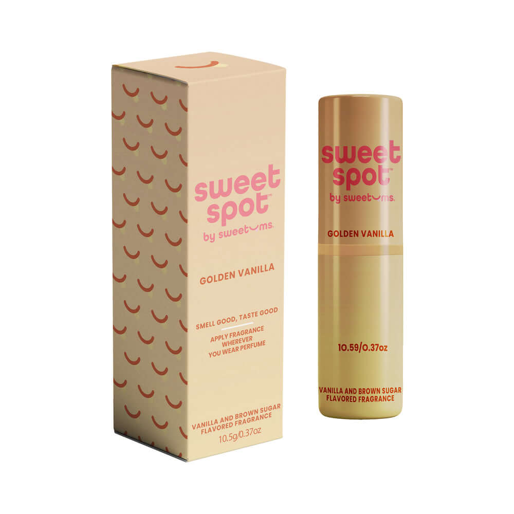 Sweetums Sweet Spot Flavored Fragrance Golden Vanilla in elegant packaging with a stick design.