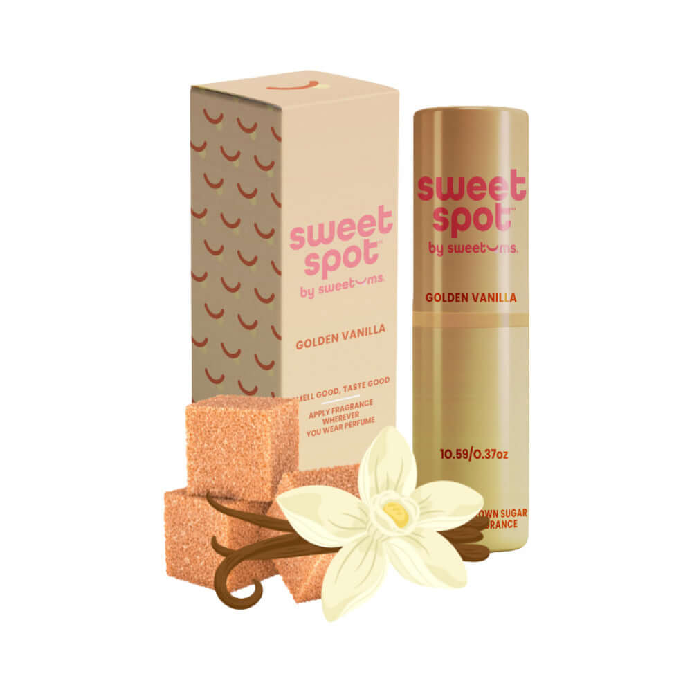 Sweetums Sweet Spot Flavored Fragrance Golden Vanilla solid perfume stick with packaging and sugar cubes.