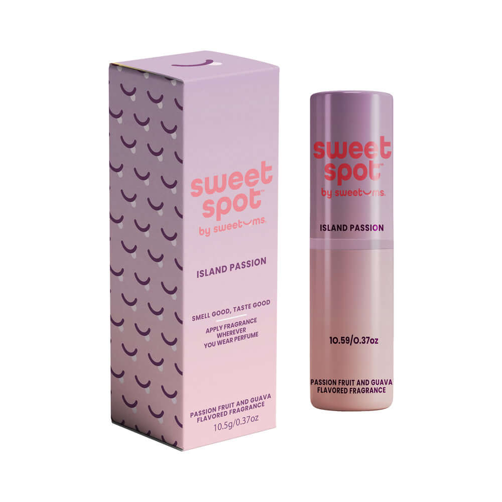 Sweetums Sweet Spot Flavored Fragrance Island Passion solid perfume and packaging with tropical scent.