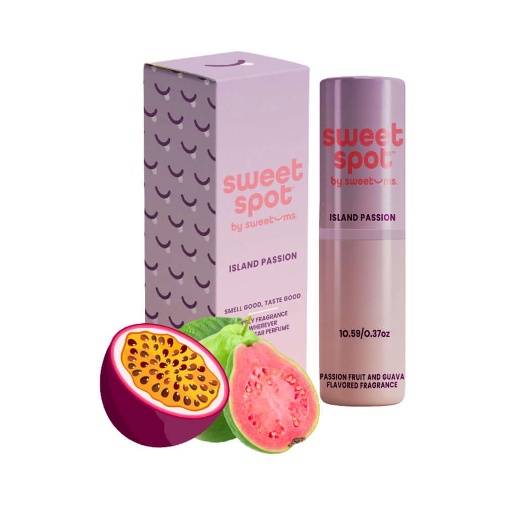 Sweetums Sweet Spot Flavored Fragrance Island Passion with passion fruit and guava, tropical solid perfume.