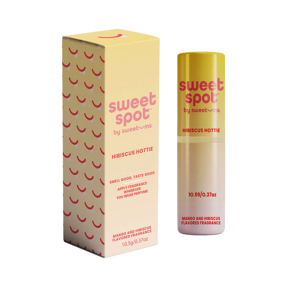 Sweetums Sweet Spot Flavored Fragrance Hibiscus Hottie solid perfume stick with tropical packaging.