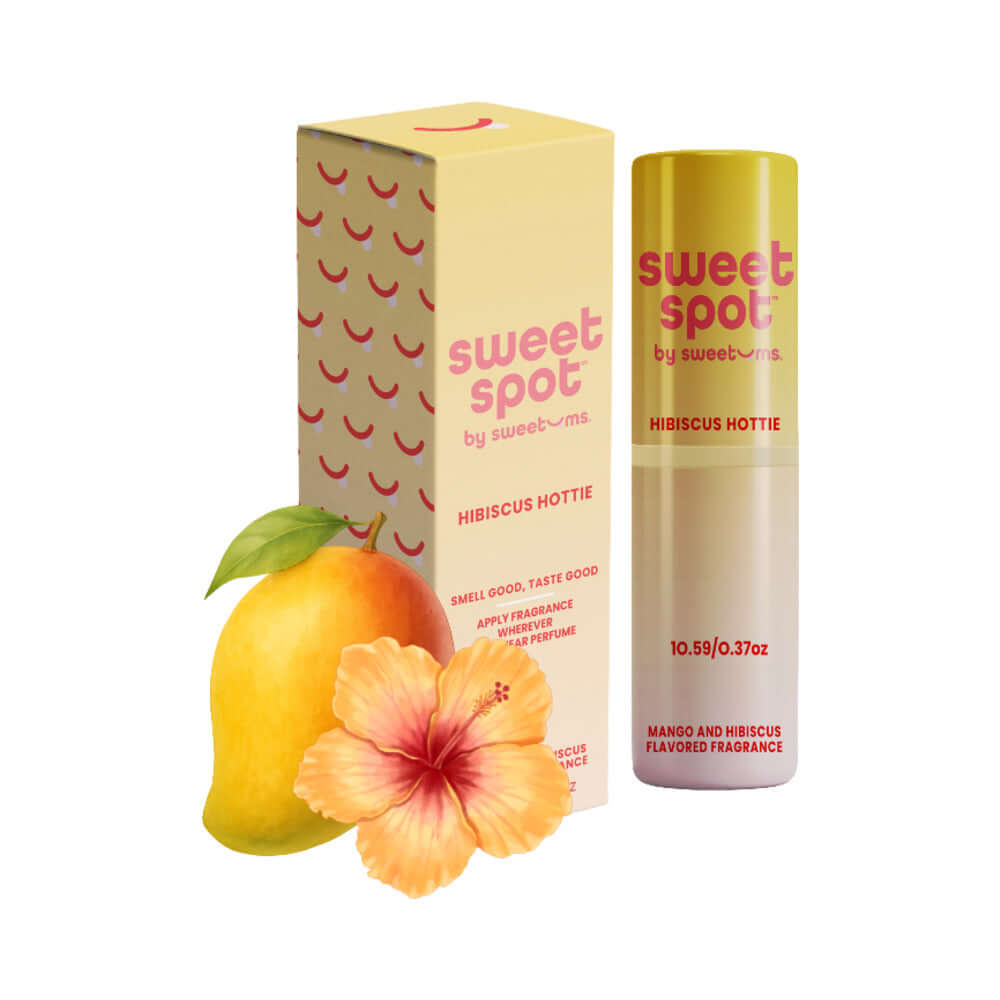 Sweetums Sweet Spot Flavored Fragrance Hibiscus Hottie with mango and hibiscus, solid perfume stick.