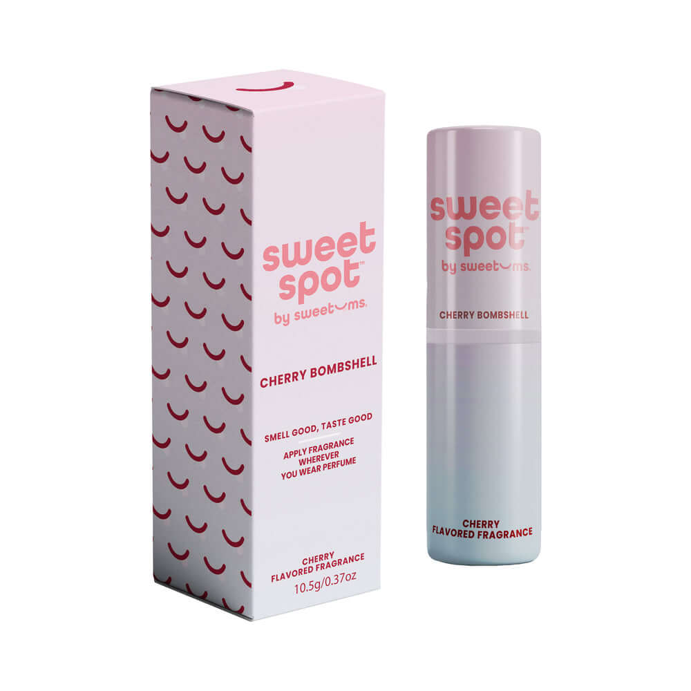 Sweetums Sweet Spot Flavored Fragrance Cherry Bombshell packaging and solid stick, showcasing cherry flavor and scent.