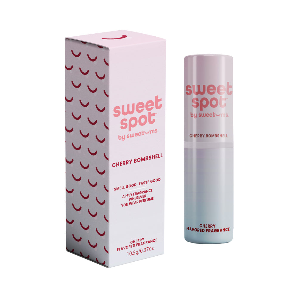 Sweetums Sweet Spot Flavored Fragrance Cherry Bombshell packaging and solid stick, showcasing cherry flavor and scent.