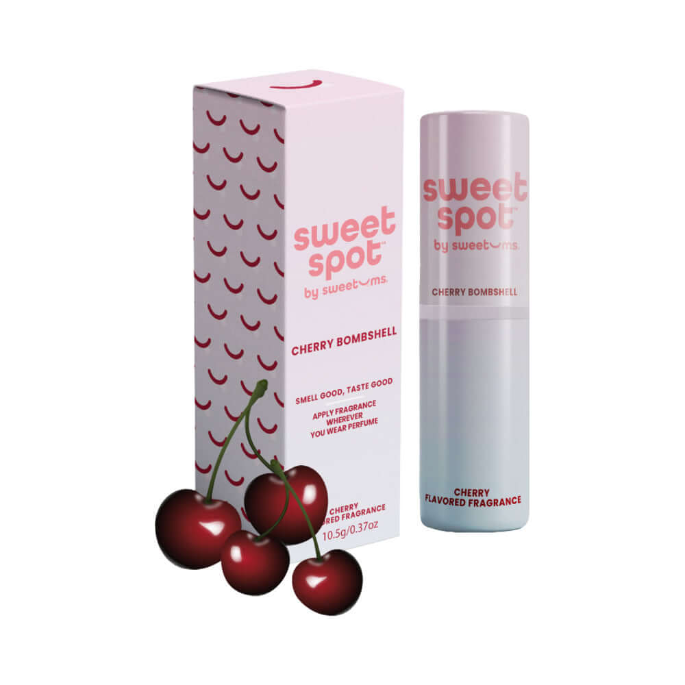 Sweetums Sweet Spot Flavored Fragrance Cherry Bombshell in packaging with cherries, showcasing edible solid fragrance stick.