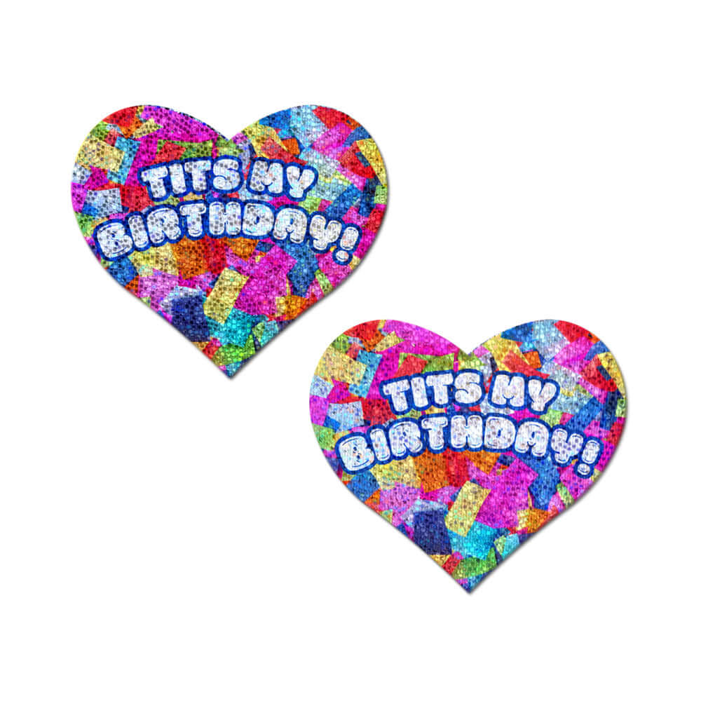 Pastease Tits My Birthday Heart Breast Pasties With Confetti with colorful sparkle confetti and playful heart shape.