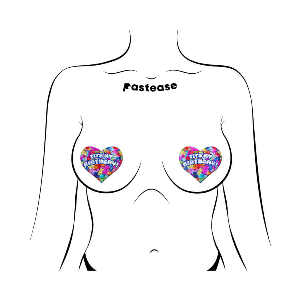 Pastease Tits My Birthday Heart Breast Pasties With Confetti design on a model's chest, perfect for birthday celebrations.