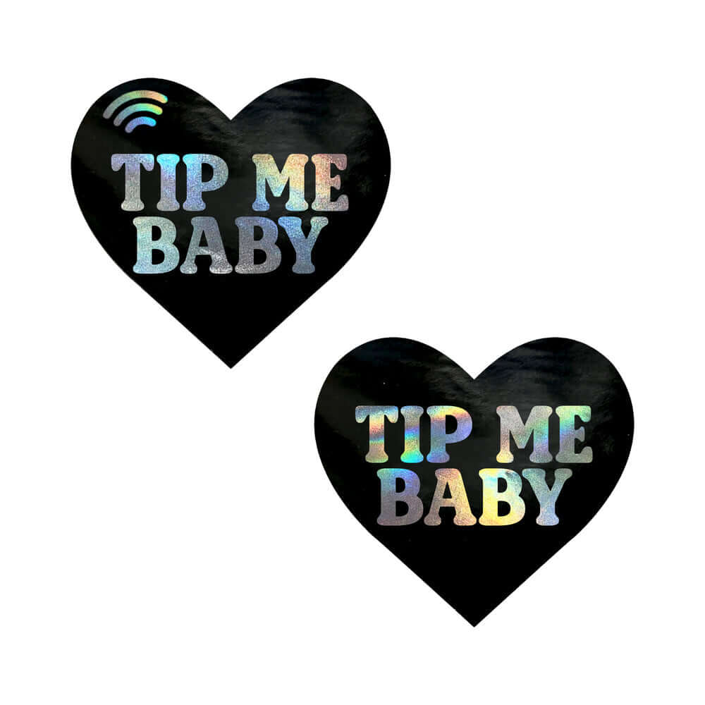 Neva Nude Tip Me Baby Holographic Heart Smart Nfc Pasties featuring bold holographic text design.
