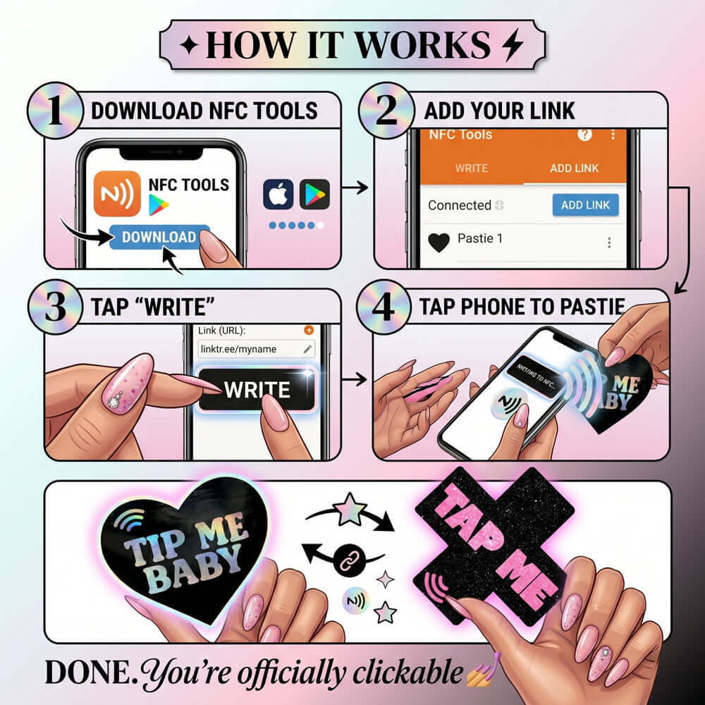 How to use Neva Nude Tip Me Baby Holographic Heart Smart Nfc Pasties with NFC tools to connect digitally.