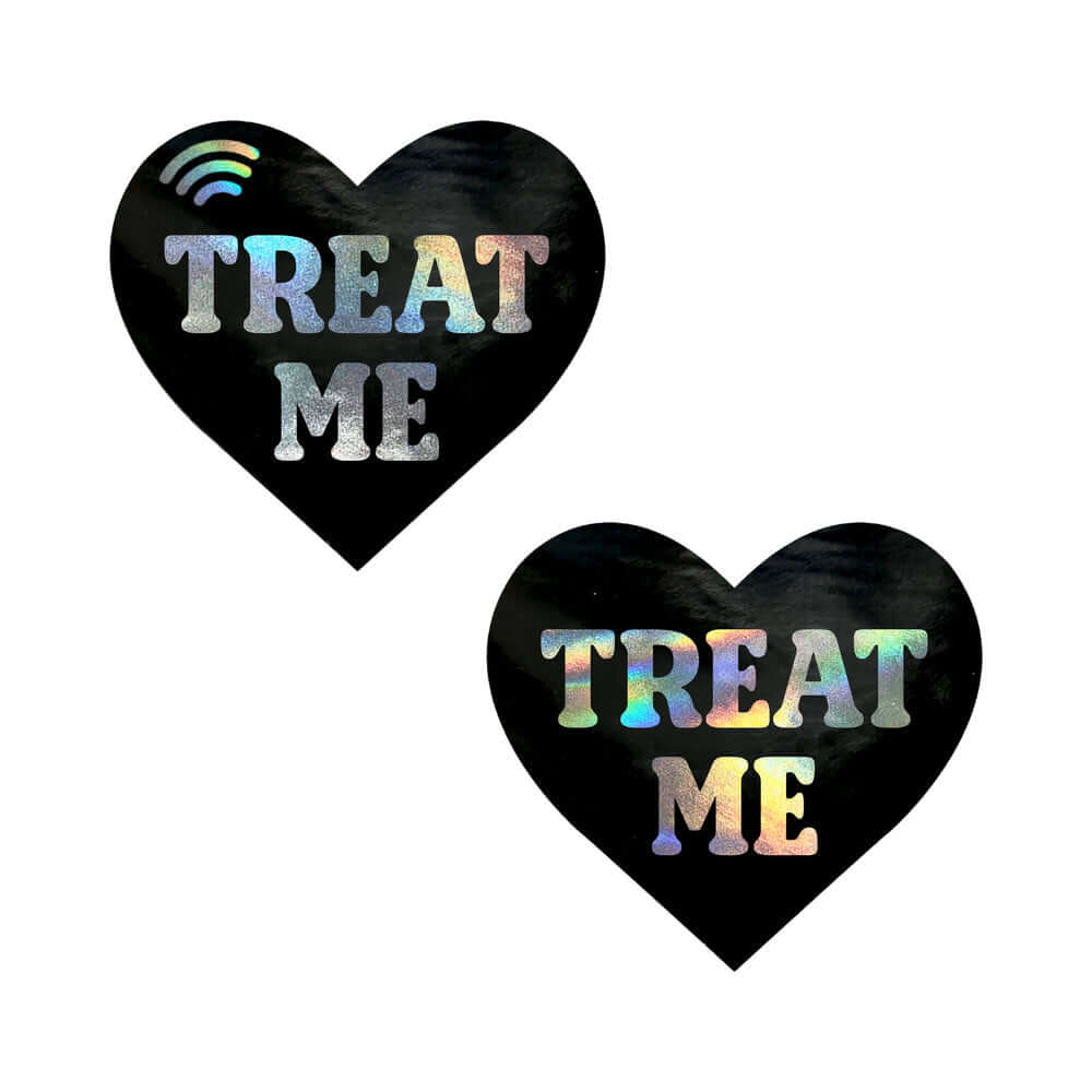 Neva Nude Treat Me Holographic Heart Smart Nfc Pasties featuring a vibrant holographic design and NFC technology.