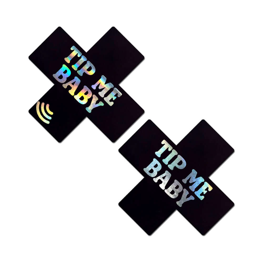 Neva Nude Tip Me Baby Holographic X Smart Nfc Pasties displayed with holographic lettering.