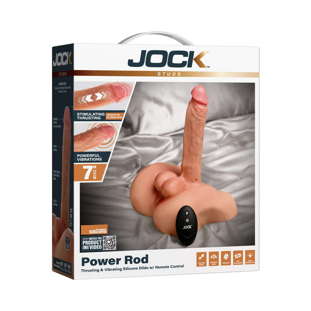 Jock Power Rod Thrusting & Vibrating Dildo with Remote Control packaging on a bed, showcasing design and features.