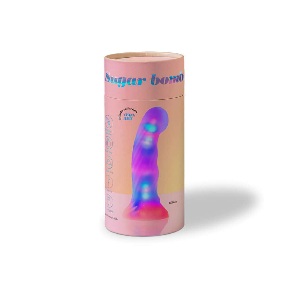 Love To Love Dildo LED Sugar Bomb packaging featuring vibrant colors and LED lights, designed for a unique visual experience.