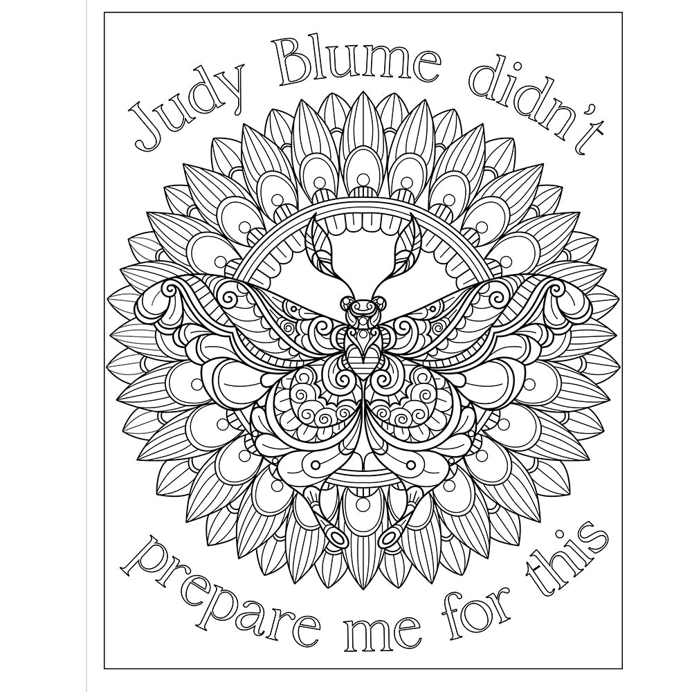 F*ck Menopause Sweary Coloring Book of Calming Mandalas page with butterfly illustration and humorous text.