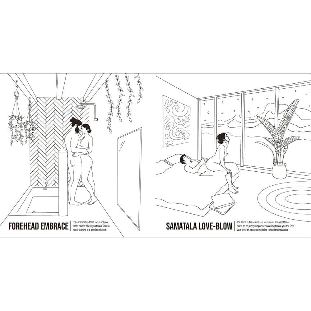 The Kama Sutra Coloring Book For Maximum Pleasure & Relaxation illustration featuring Forehead Embrace and Samatala Love-Blow.