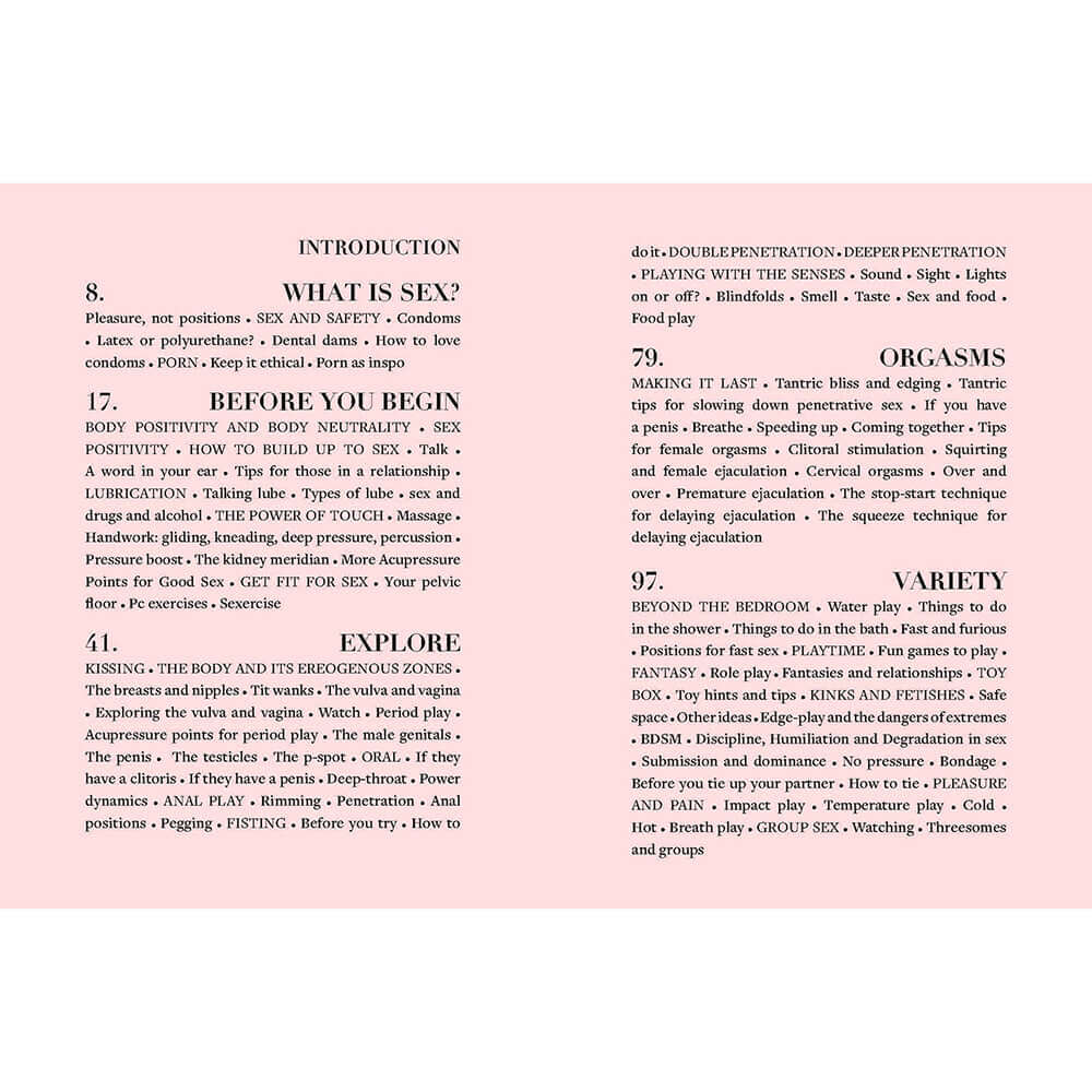 Page spread from Sex Everything Everyone Needs To Know About Pleasure & Play, featuring topics on sex, body positivity, and orgasms.