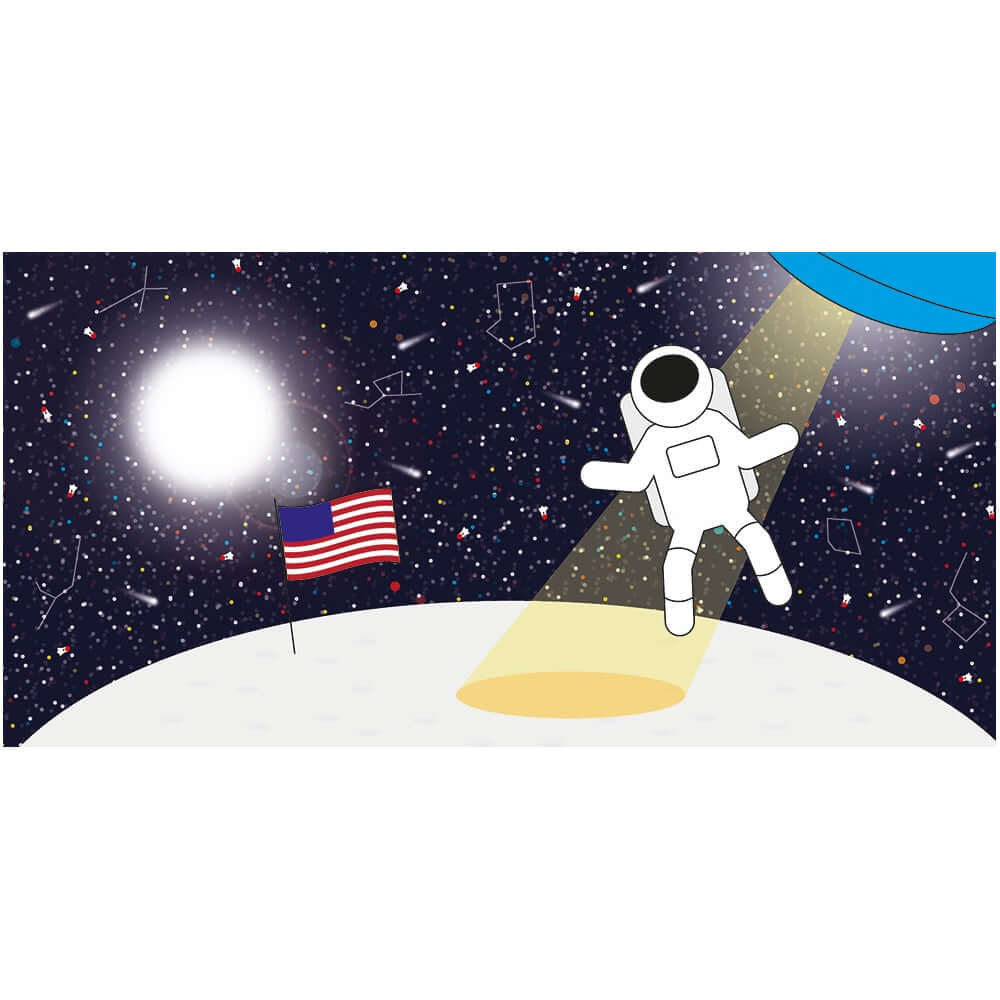 Astronaut floating on the moon with an American flag in space, featuring stars and a bright sunlit area.