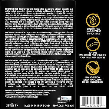 Product label of Wet Gold Hybrid Water Silicone Blend 16 Oz detailing ingredients and usage instructions.