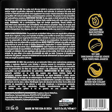 Product label of Wet Gold Hybrid Water Silicone Blend 16 Oz detailing ingredients and usage instructions.