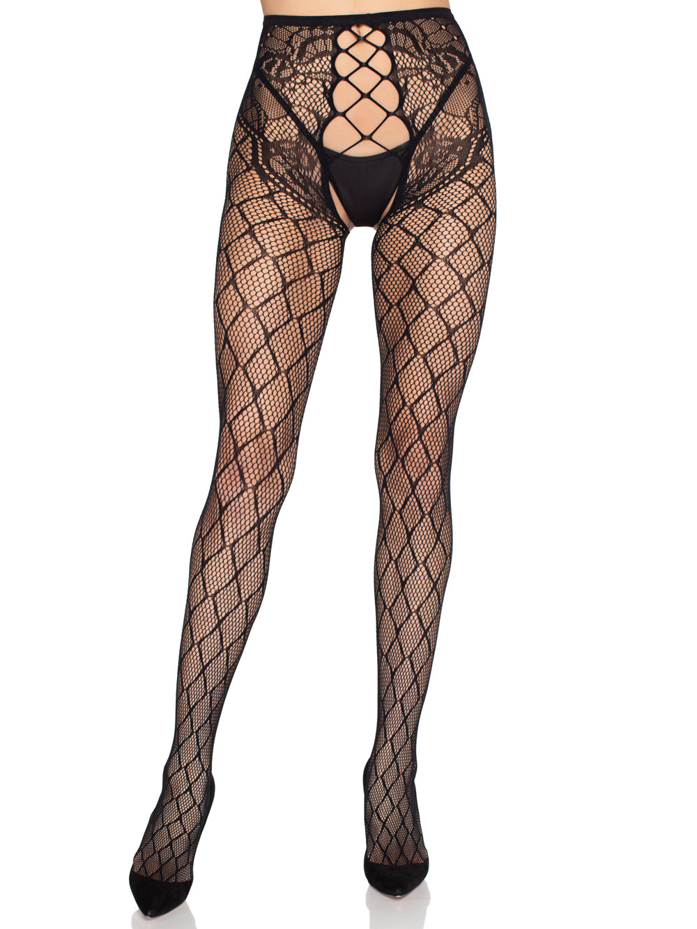 Faux Layer Net Tights With Crotchless Floral Panty - Os - Black-0