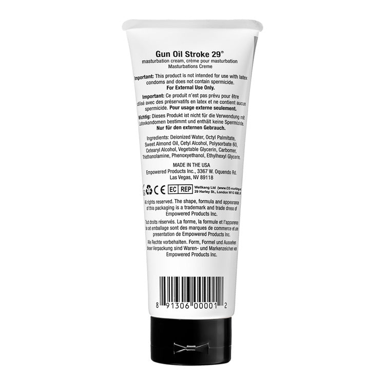 Gun Oil Stroke 29 Masturbation Cream 3.3 Oz tube packaging with ingredient information on the back.