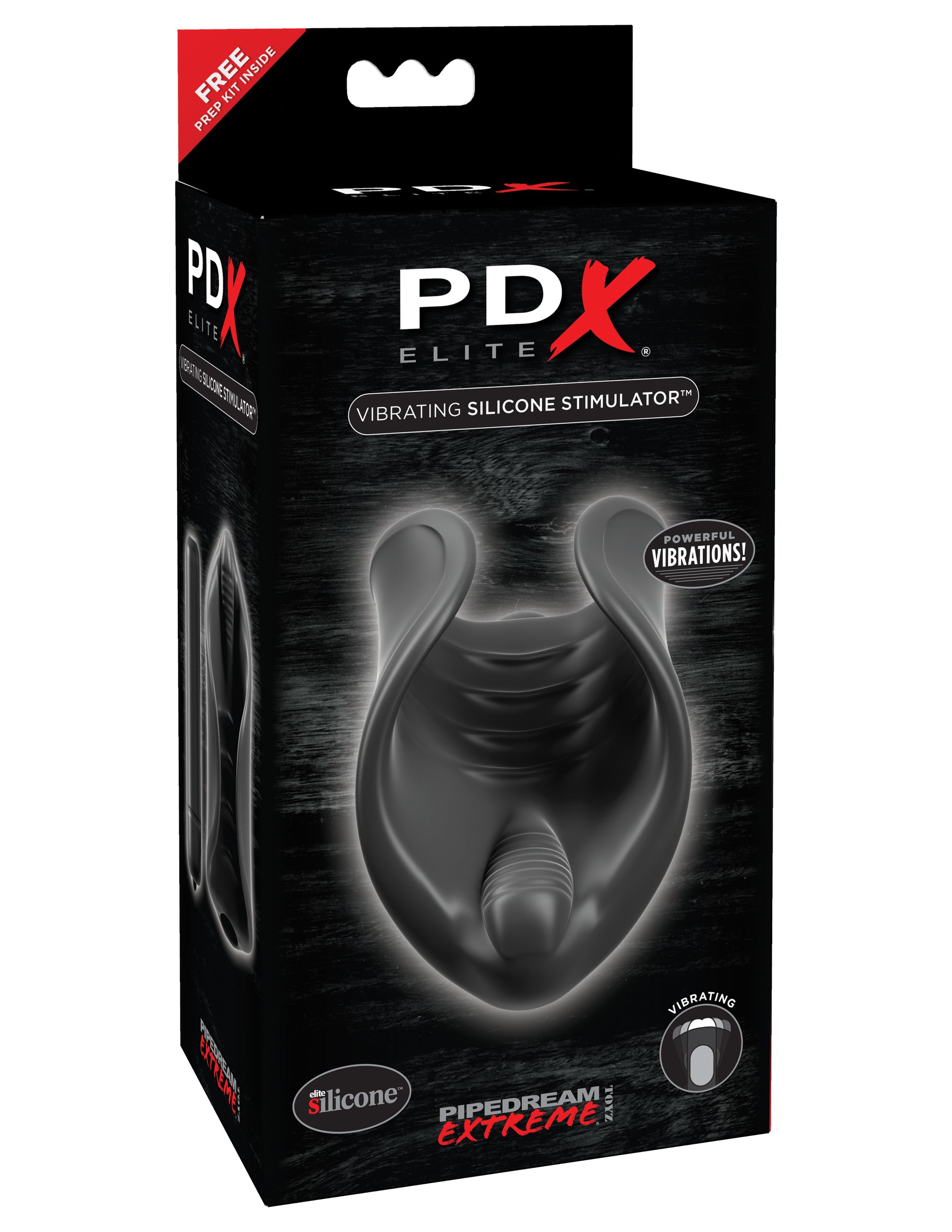 Pdx Elite Vibrating Silicone Stimulator packaging showcasing its design for intense stimulation and pleasure.