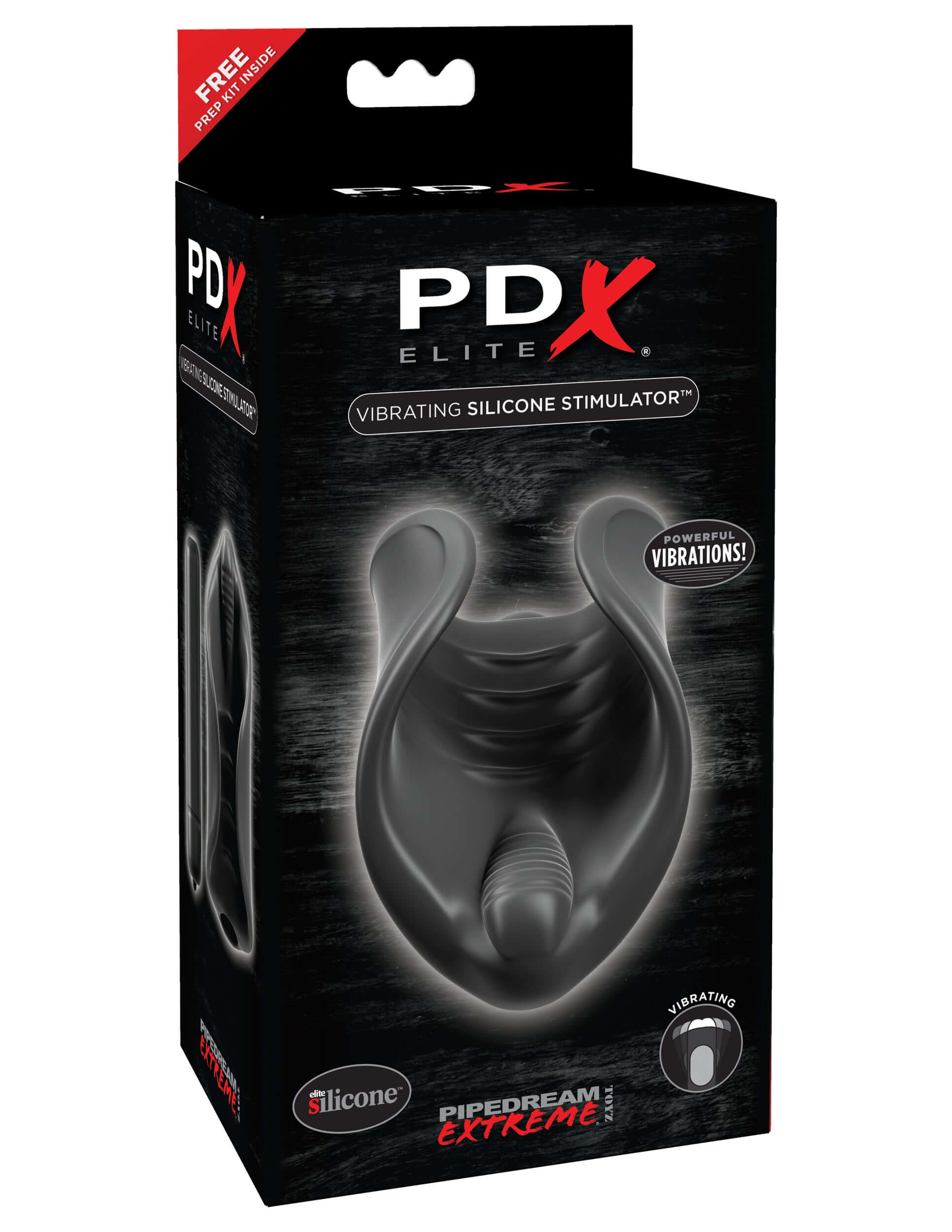 Pdx Elite Vibrating Silicone Stimulator packaging showcasing its design for intense stimulation and pleasure.