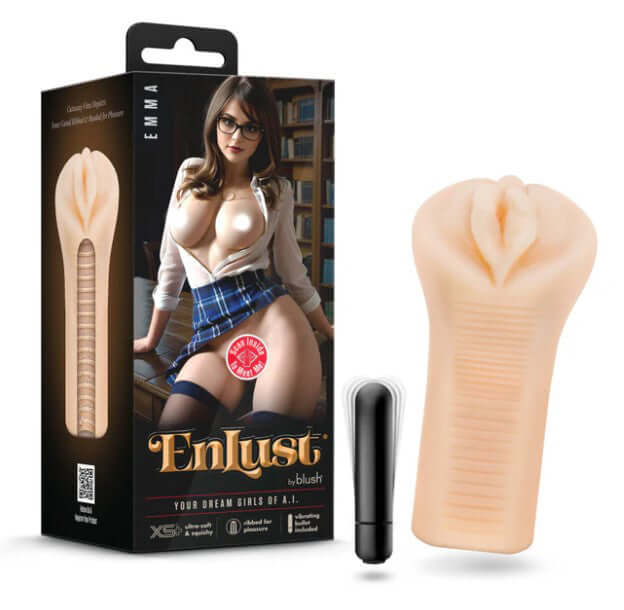 Enlust Emma Male Masturbator With Bullet Vibrator Beige in packaging with a bullet vibrator included.