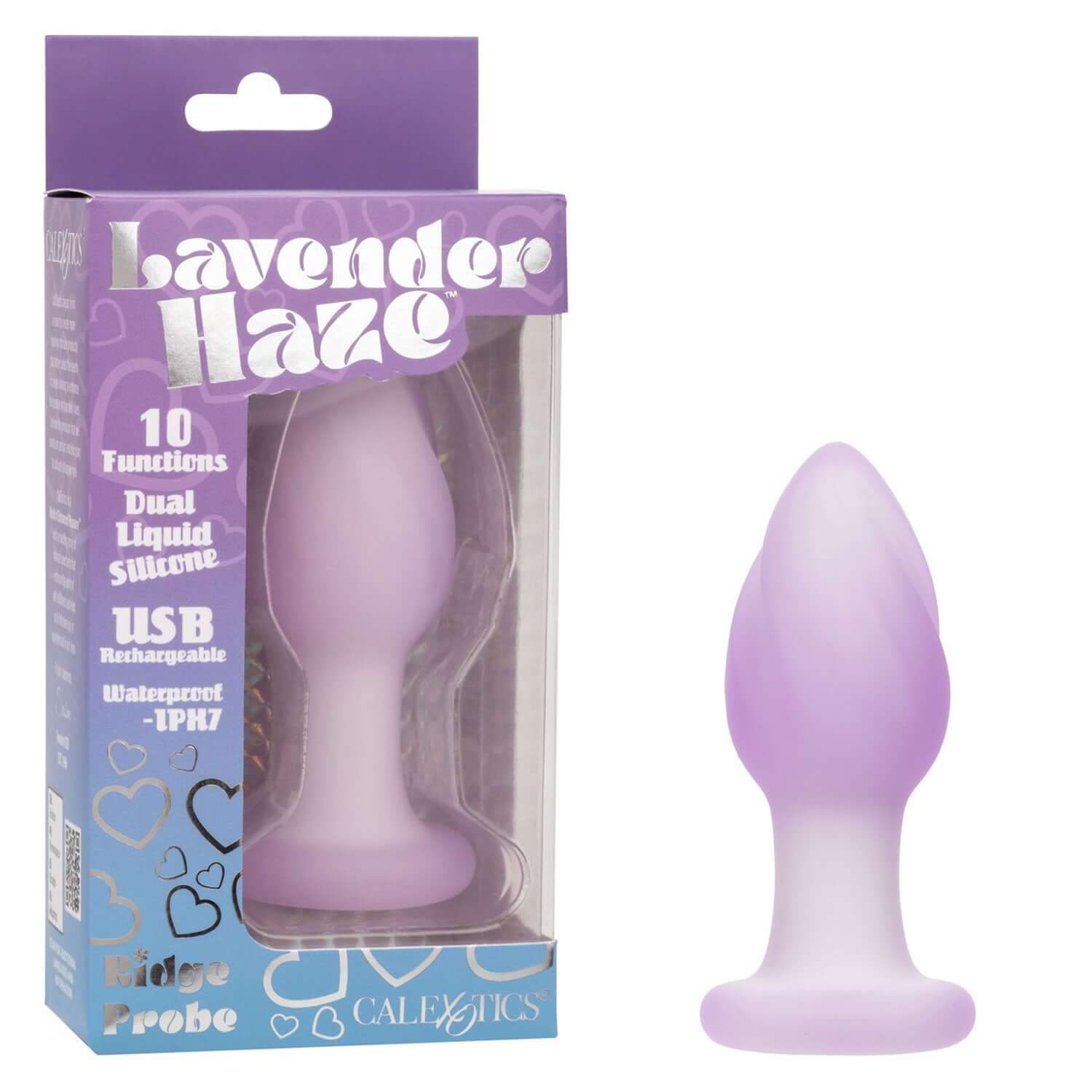 Lavender Haze Ridge Anal Probe in packaging and displayed outside, featuring slim and tapered design for intense pleasure.