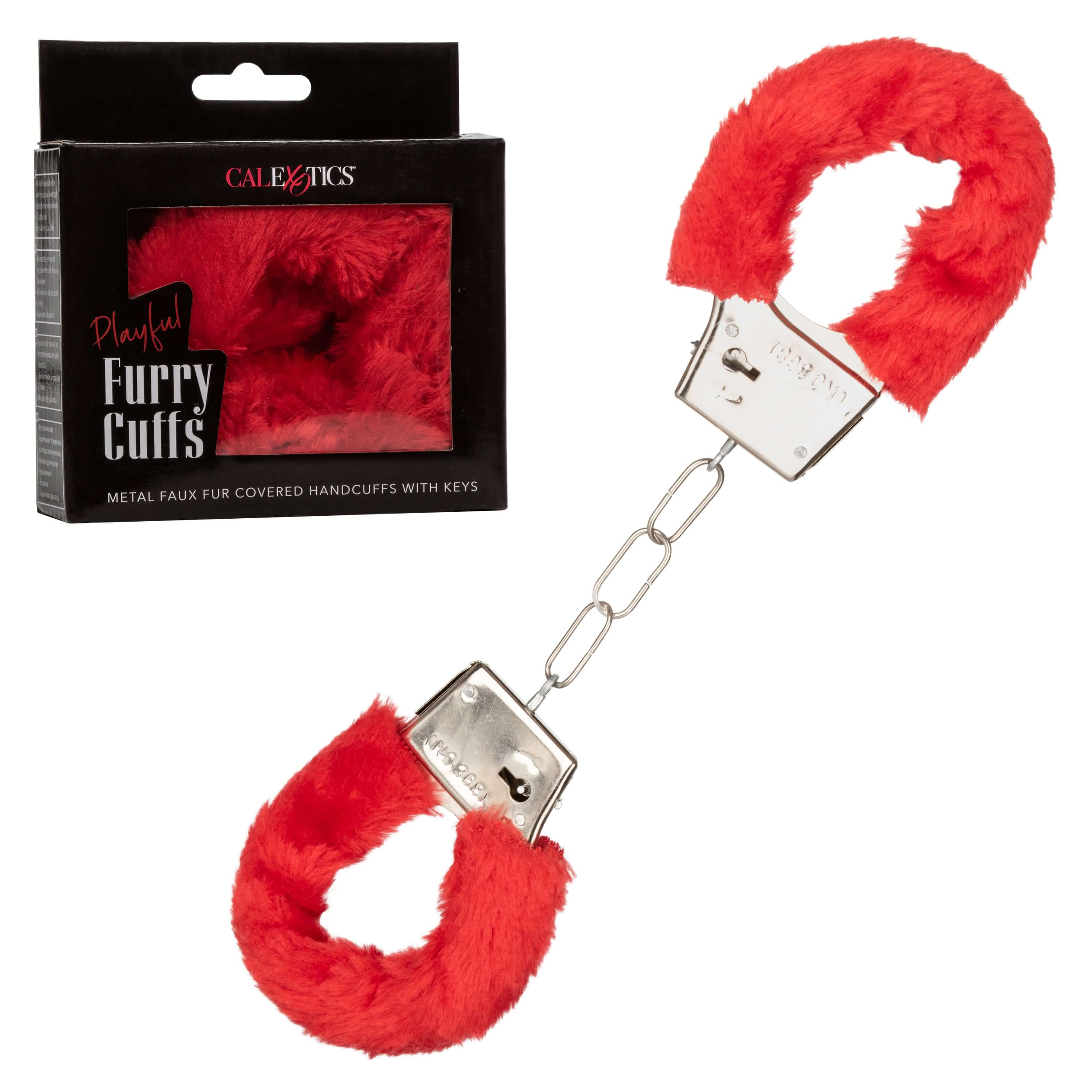 Playful Furry Cuffs Red with soft fur design, secure metal lock and chain for light bondage and roleplay.