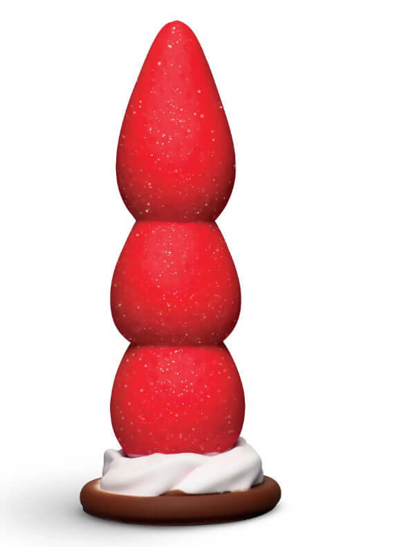 Strawberry Sweet Cream Premium Silicone Dildo with vibrant strawberry swirl design and suction cup base.