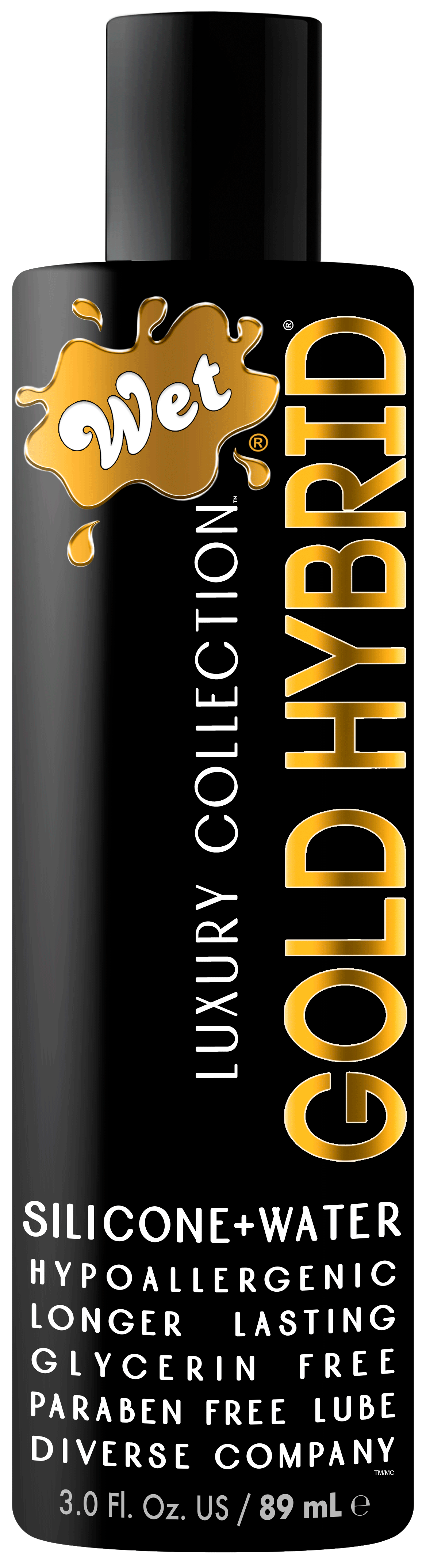 Wet Gold Hybrid Water Silicone Lubricant 3.1 Oz with hypoallergenic formula for long-lasting glide.