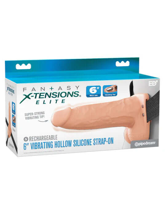 Fantasy X-Tensions Elite 6 inch Vibrating Hollow Silicone Strap-on Light packaging featuring a realistic design.
