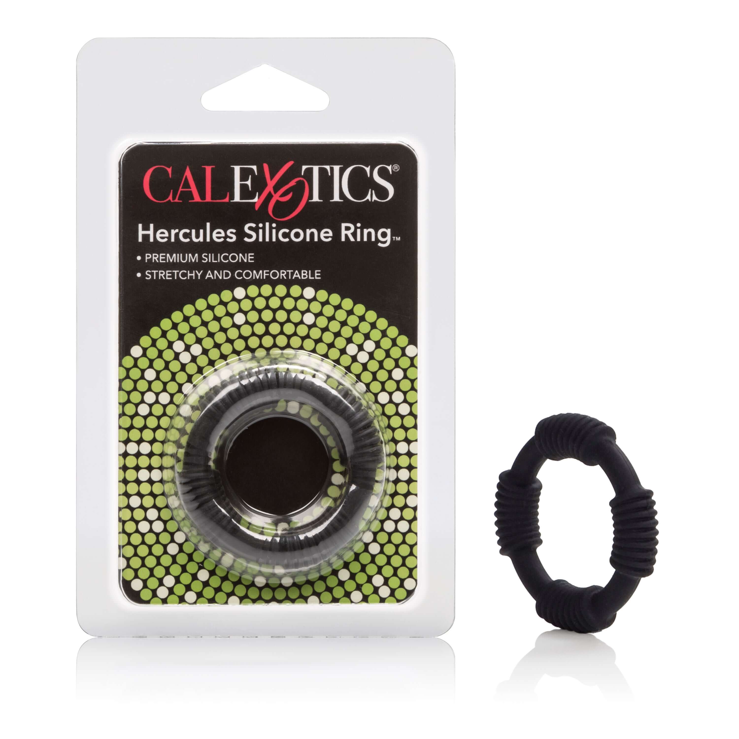 Hercules Silicone Ring Black packaging displaying a stretchy and comfortable silicone erection enhancement ring.