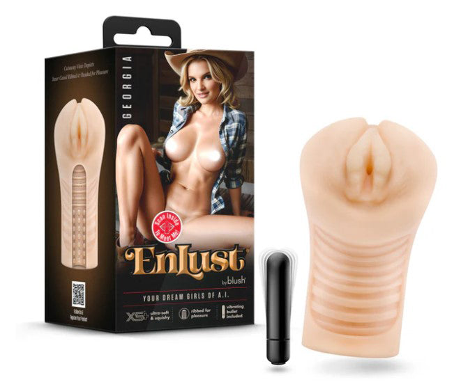Enlust Georgia Male Masturbator With Bullet Vibrator Beige packaging and product displayed with a bullet vibrator.