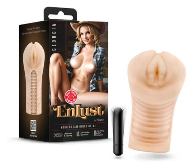 Enlust Georgia Male Masturbator With Bullet Vibrator Beige packaging and product displayed with a bullet vibrator.