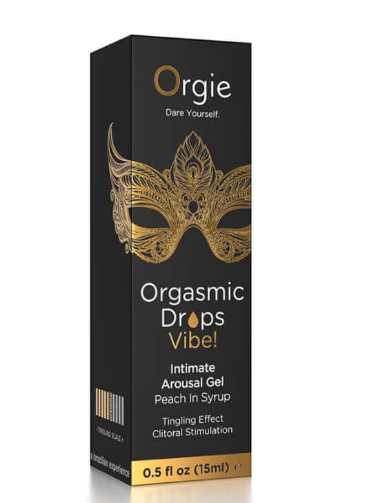 Orgie Orgasmic Drops Vibe Intimate Arousal Gel Peach 0.5 Oz packaging with a decorative mask design.