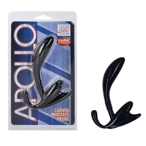 Apollo Curved Prostate Probe Black displayed in packaging with a smooth, ergonomic design for comfortable prostate stimulation.