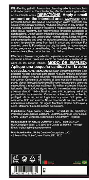 Orgie Sexy Vibe Hot Intimate Arousal Gel 15 ml product directions and ingredients list on packaging.