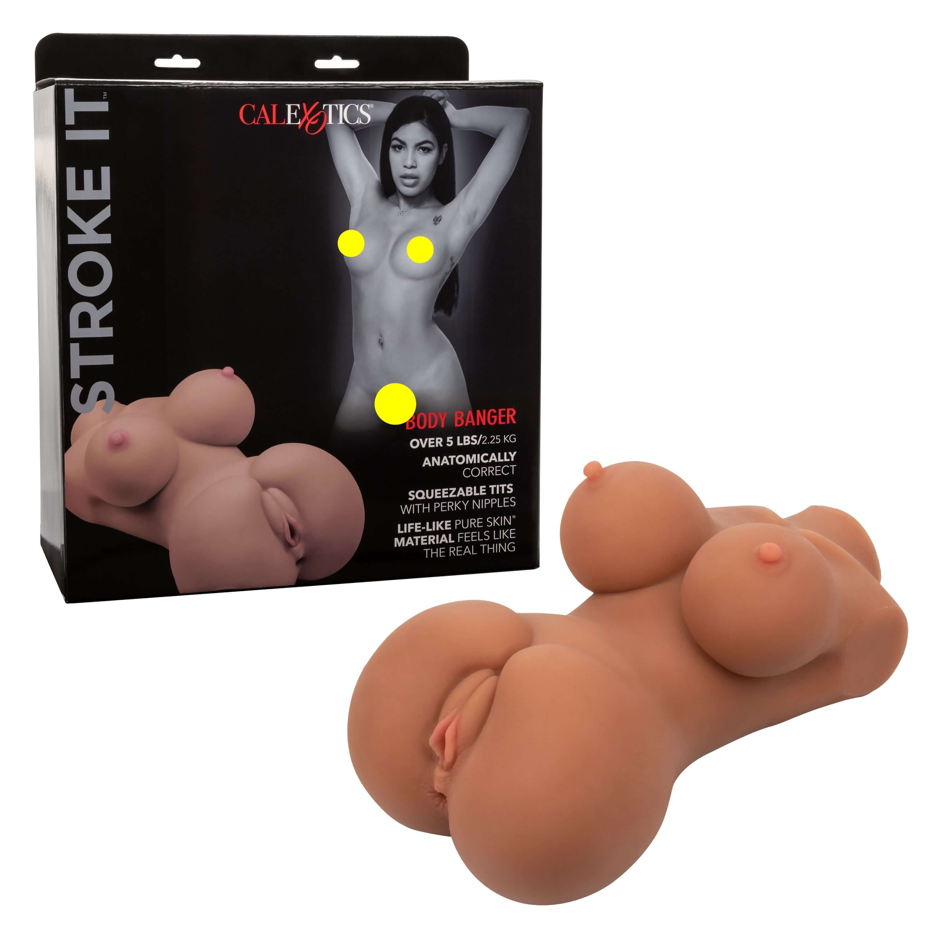 Stroke It Body Banger Masturbator Brown alongside packaging, showcasing lifelike detail and immersive texture.
