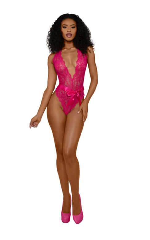 Dreamgirl Tiana Lace Teddy With Satin Tie L XL Azalea in vibrant pink, showcasing elegant lace and satin accents.
