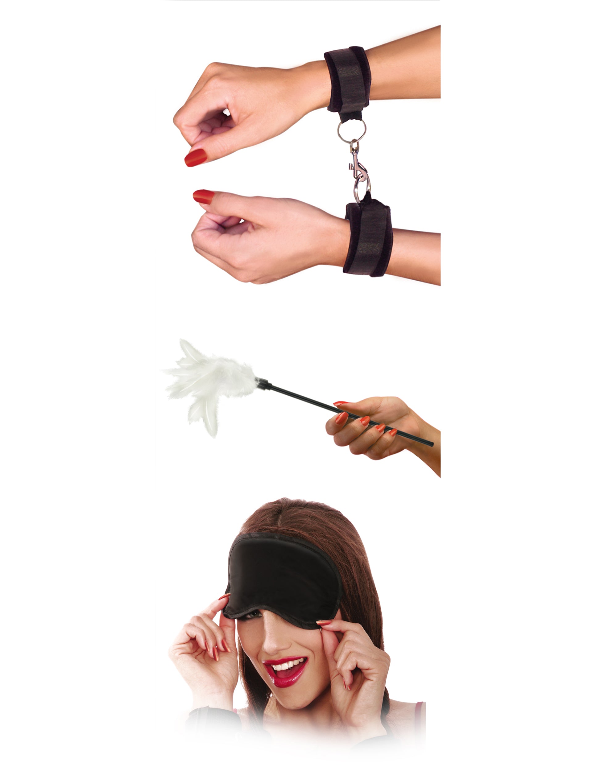 Fetish Fantasy Series Sensual Seduction Kit includes handcuffs, blindfold, and feather tickler for intimate play.