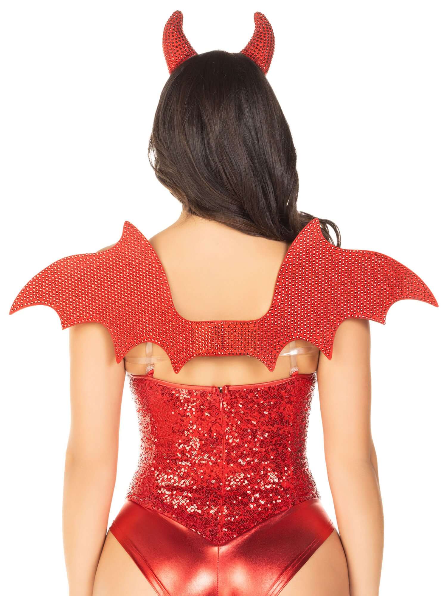 Woman wearing 2 Pc Devil Kit with rhinestone devil wings and horn headband in red, perfect for roleplay, dress up, and Halloween.