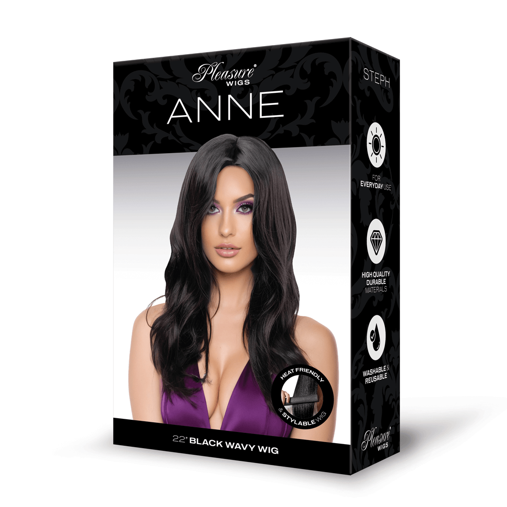 Anne Premium Stylable Wig Black packaging with a model showcasing the 22" black wavy wig, designed for everyday elegance.